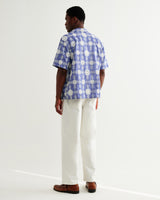 wax london men's Didcot - Blue And Ecru Corded Lace Short-Sleeve Shirt