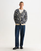 wax london men's Alban - Ecru And Navy Abstract Animal Print Knit Cardigan