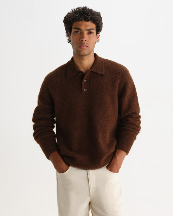 wax london men's ASHFORD L/S POLO FLUFFY WOOL BLEND BROWN