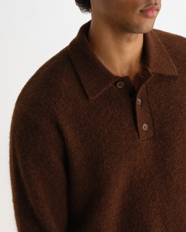 wax london men's ASHFORD L/S POLO FLUFFY WOOL BLEND BROWN