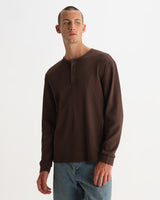 wax london men's Caleb - Brown Waffle Cotton Henley Long-Sleeve T-Shirt