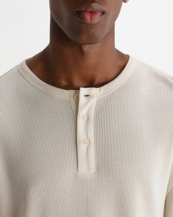 wax london men's Caleb - Ecru Waffle Cotton Henley Long-Sleeve T-Shirt