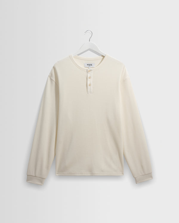 wax london men's Caleb - Ecru Waffle Cotton Henley Long-Sleeve T-Shirt