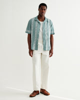 wax london men's Didcot - Sea Green And Ecru Embroidered Short-Sleeve Shirt