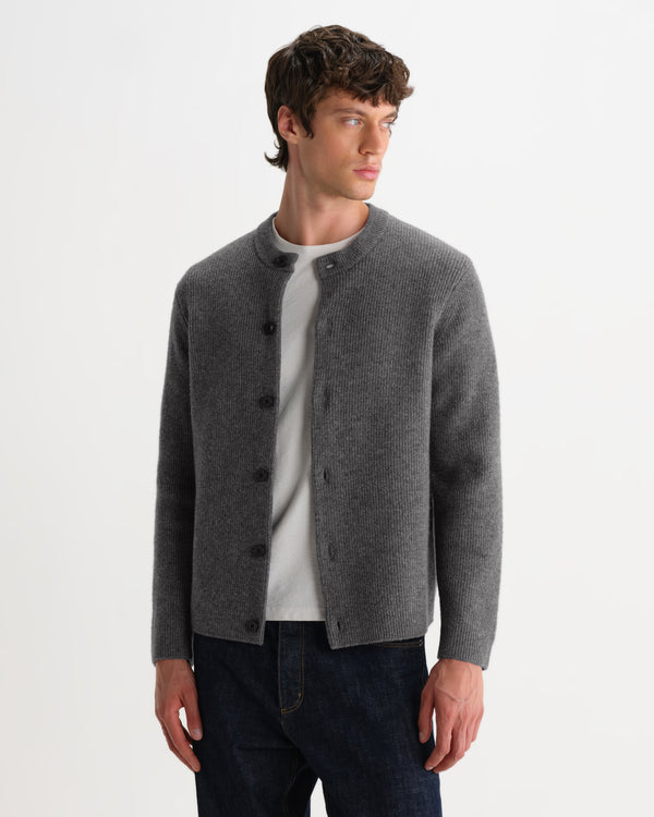 wax london men's Granby - Grey Ribbed Wool Cardigan