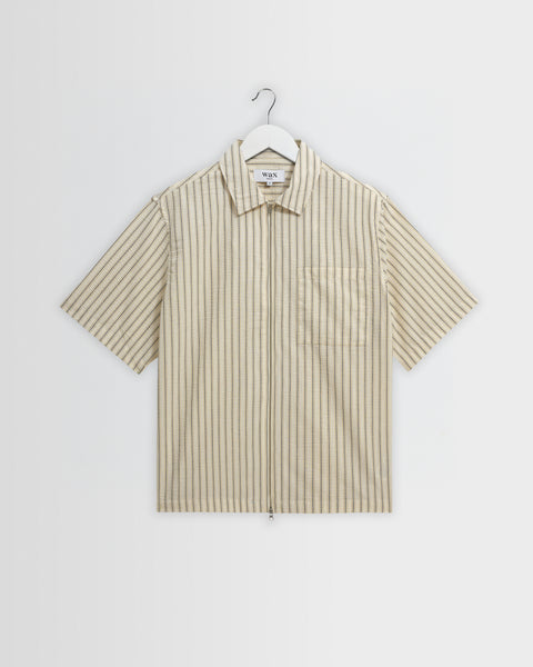 Sears - Natural And Navy Stripe Seersucker Zip Short-Sleeve Shirt
