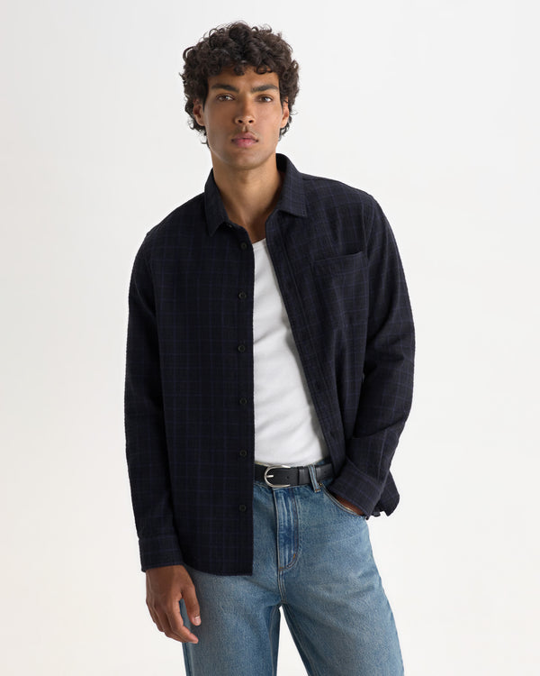 wax london men's Shelly - Navy And Black Check Dobby Cotton Shirt