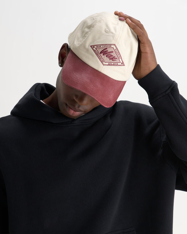 wax london men's Spencer - Ecru And Burgundy Badge Cotton Sports Cap