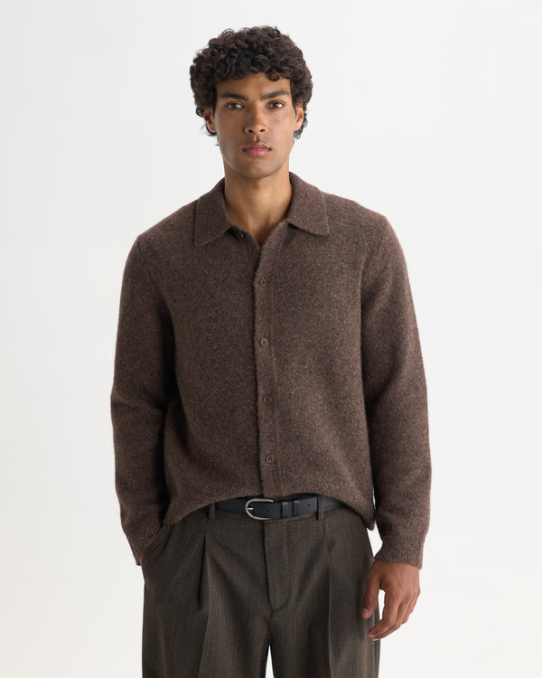 wax london men's Tristan - Chocolate Brown Fluffy Long-Sleeve Knitted Polo
