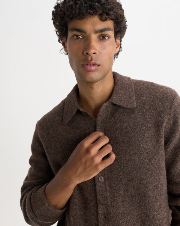 wax london men's Tristan - Chocolate Brown Fluffy Long-Sleeve Knitted Polo